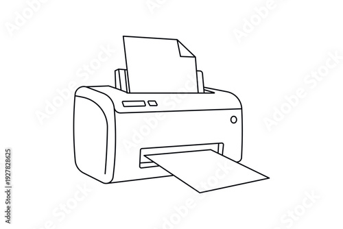 A minimalist line drawing depicts a modern inkjet printer showcasing its basic form and key components in orange and black