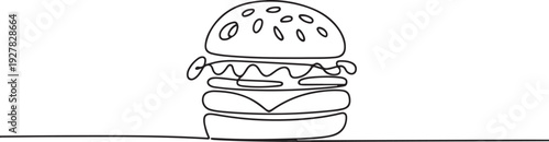 Continuous one line drawing of burger. Single line drawing of hamburger . Silhouette of fast food restaurant burger with cheese. one line Icon drawing