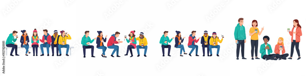 Obraz premium People sitting and standing with drinks in urban setting
