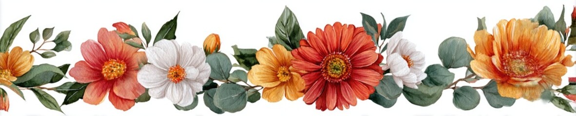 Watercolor floral border featuring a mix of warm-toned flowers and green foliage