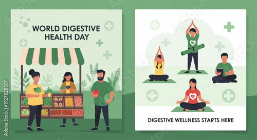 World digestive health day posters with people practicing yoga and healthy eating promoting wellness and nutrition