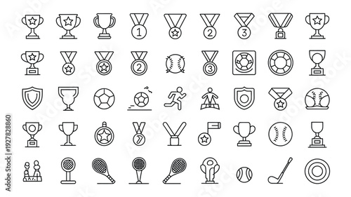 Sport trophy and awards line icons set, champion cup medal prize victory symbols, achievement competition badge collection, first place winner success reward outline graphics, clean minimalist vector