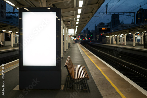 Blank billboard mockup with a white screen on a railway station platform featuring a wooden bench and urban night lights