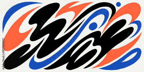 Abstract colorful swirling shapes and lines in black blue and orange