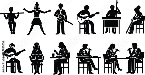 Silhouette of musicians playing various instruments in two rows