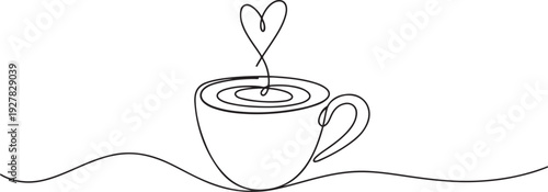 One continuous single line of hand drawn with cup of coffee decorated with heart symbol isolated. one line Icon drawing