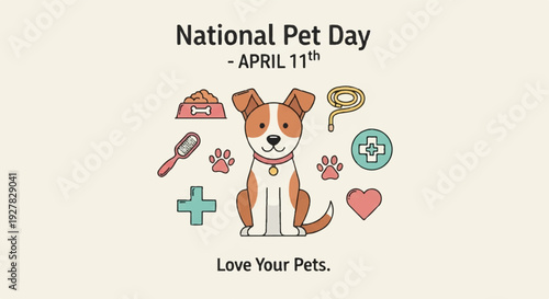 National pet day illustration with dog and pet care symbols on beige background