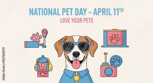 Happy dog in sunglasses with pet accessories around for national pet day on april 11th