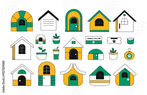 Colorful dog house and animal shelter icons on white background