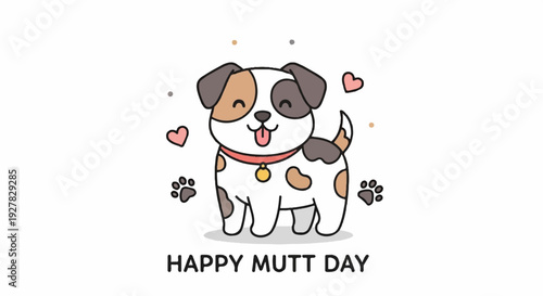 Cute dog with brown spots and red collar on happy mutt day with hearts and paw prints