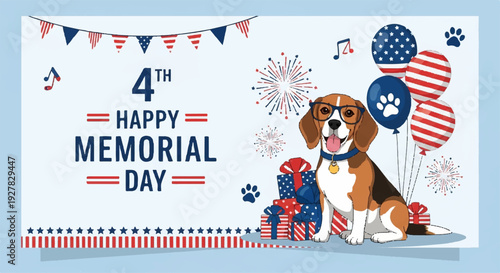 Patriotic beagle dog celebrates 4th of july with american flag balloons and fireworks on memorial day