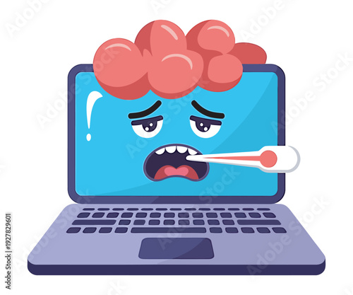 Sick laptop computer with thermometer in mouth, feeling unwell illustration