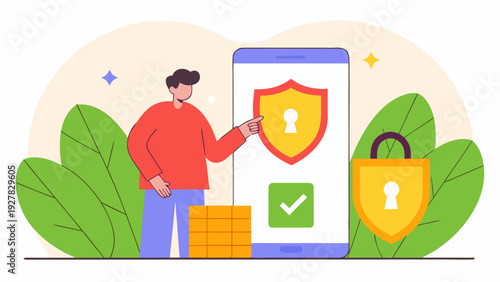 Flat vector illustration of secure online shopping concept showing a person paying on smartphone with lock and shield symbols. Cybersecurity, safe online payments, e-commerce protection and digital se