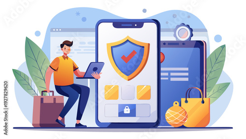 Flat vector illustration of secure online shopping concept showing a person paying on smartphone with lock and shield symbols. Cybersecurity, safe online payments, e-commerce protection and digital se