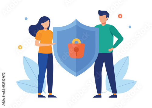A man and a woman collaborate to hold a large blue shield featuring an orange padlock on a clean background.