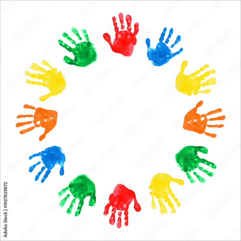 Fototapeta premium Circle of watercolor children's handprints. Watercolor illustration of chilren's palms on white backgound. International Children's Day 