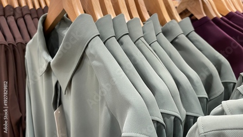 A row of women's shirts hanging in a shop