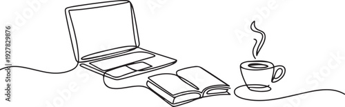 One continuous line drawing of computer laptop, book and a cup of coffee. Study space desk concept. one line Icon drawing