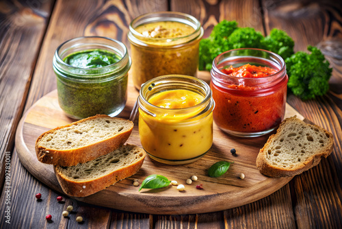 Homemade Spreading Sauces with Rustic Bread Presentation.