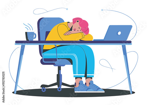 Exhausted person sleeping on office desk with laptop and cup of coffee in flat style