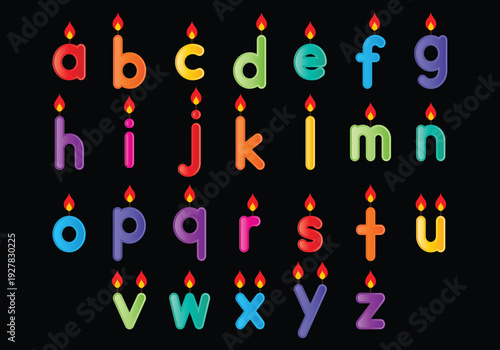 Alphabet letter candles with flames on black background