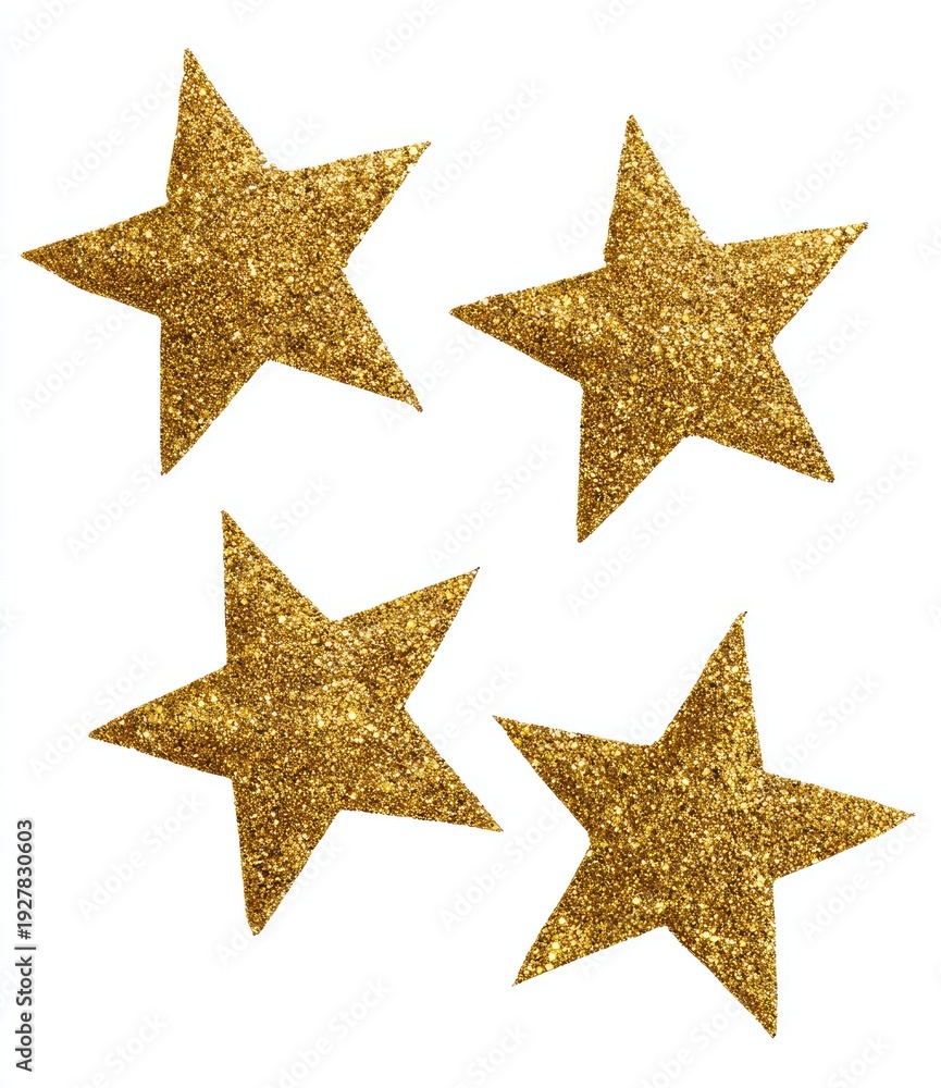 Obraz premium Four golden, glittery five-pointed stars on a plain white background, slightly askew
