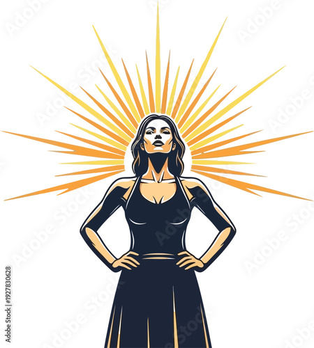 Illustration of a confident, strong woman with hands on hips and an empowering sunburst halo behind her head, representing power, success, and divine inspiration.