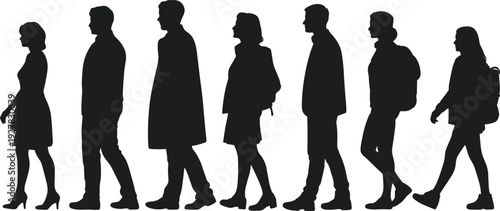 Full length silhouettes of young men and women standing in casual summer clothes, black vector figures on white background for lifestyle community diversity.