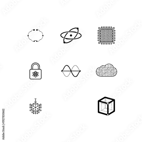 Quantum computing and advanced technology linear icon set, qubit, superposition and quantum processor vector symbols