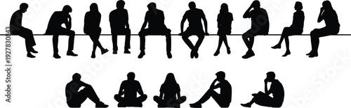 Set of diverse business people and casual characters silhouettes standing in rows isolated on white background for corporate team and community social concept