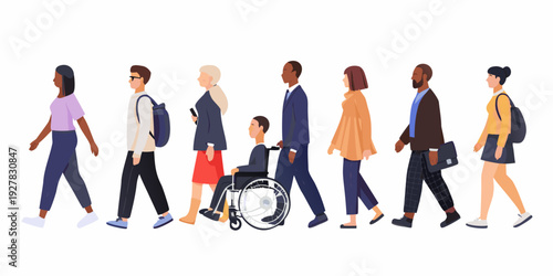 Diverse group of people walking in a line including a person in a wheelchair