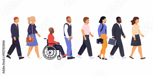 Diverse group of people walking including a person using a wheelchair