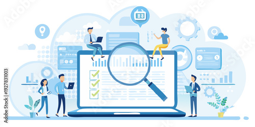 Team analyzing data and progress with technology and collaborative tools