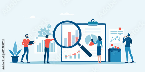Team analyzing data and charts with a large magnifying glass
