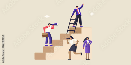 Teamwork and leadership concept with people climbing stairs towards success