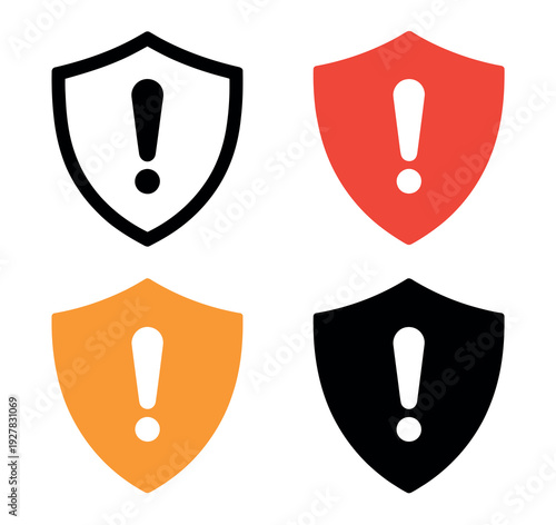 Security Warning Shield Icon Set featuring bold exclamation marks inside protective shield outlines, designed in high-visibility red, yellow, and blue for cybersecurity alerts and system danger notifi