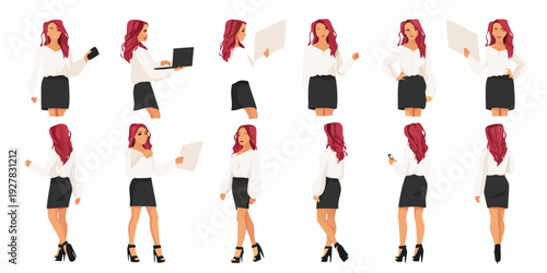 Woman in business attire shown in multiple poses and perspectives