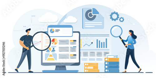 Data analysis and cloud computing concept with people examining charts