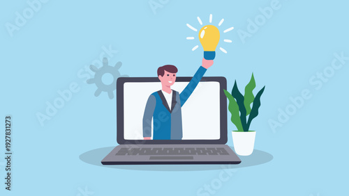 A person presents a bright idea emerging from a computer screen