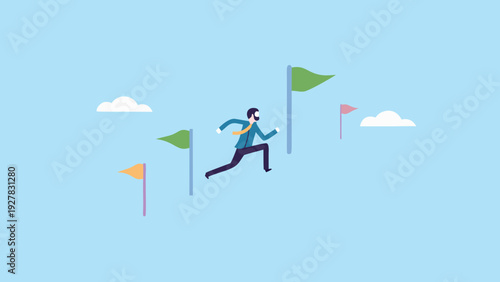 A business person running towards multiple flags in a minimalist landscape