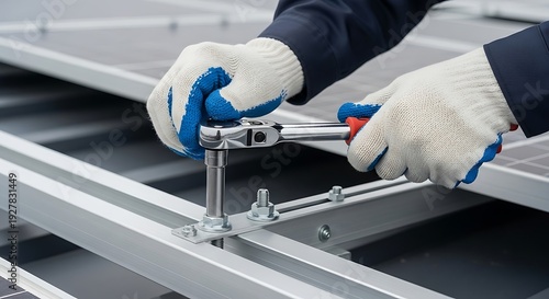 Close-up of hands wearing gloves using a ratchet wrench to tighten a bolt on metal construction.