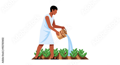 Man Watering Plants with Clay Pot.