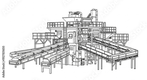 Industrial Factory Blueprint Technical Drawing.