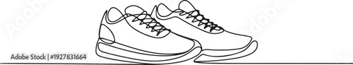 Vector illustration of sneakers. Sports shoes in a line style. Continuous one line. Can used for logo, emblem, slide show and banner. one line Icon drawing