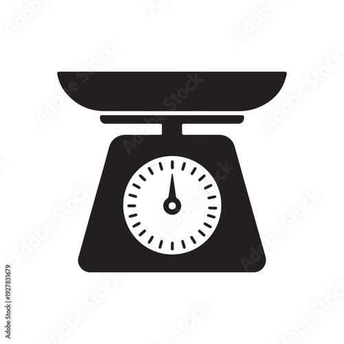 A simple black and white illustration of a kitchen scale with a round dial and a flat plate on top used for measuring weight in cooking and baking