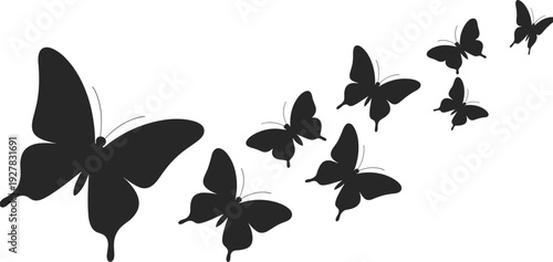 Black Butterfly Silhouettes Flying in Swarm Row Group Vector Illustration for Spring Nature Wedding Invitation Decoration and Elegant Graphic Design