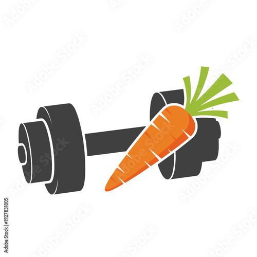 Dumbbell with fresh carrot symbolizing healthy lifestyle and fitness  