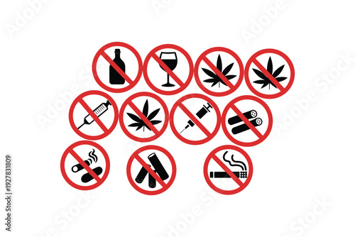 A no smoking icon set with various prohibited substance symbols