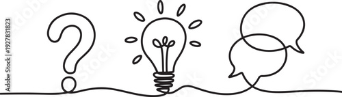 Hand drawn one line vector. Quick tips. Continuous one line drawing of question mark, light bulb and speech bubbles. one line Icon drawing