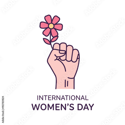 Female fist holding pink flower for International Women's Day  